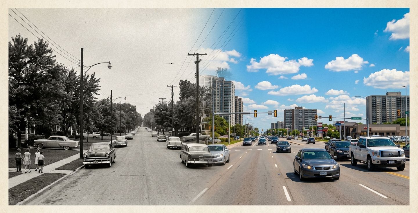 A vintage black and white photograph showing a quiet suburban street from the 1950s fading into a modern colorful image of a busy multi lane road filled with cars under a bright blue sky.