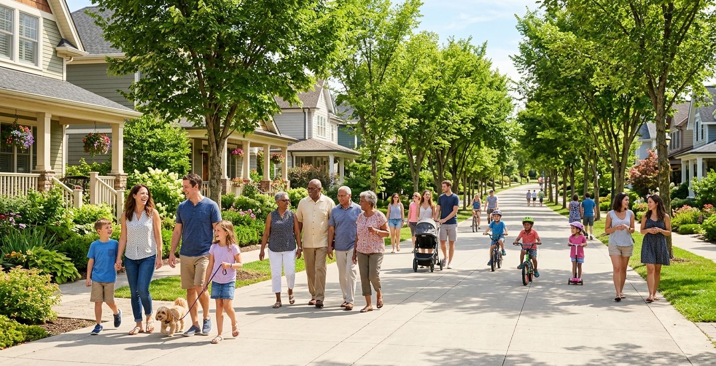 A bright and sunny neighborhood street with wide sidewalks mature green trees and happy people of various ages walking together with no cars in sight.