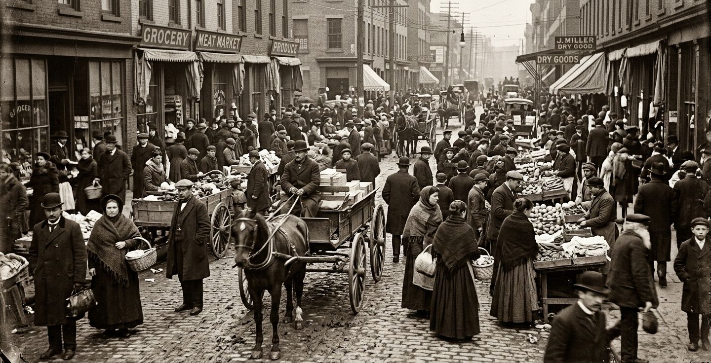 sepia toned bustling late 19th century street market in an american city with diverse people wearing coats and hats