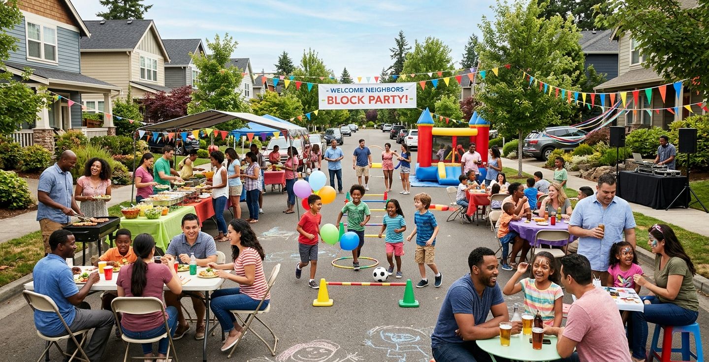 vibrant modern american neighborhood block party with diverse families enjoying foods and children playing under sunny skies
