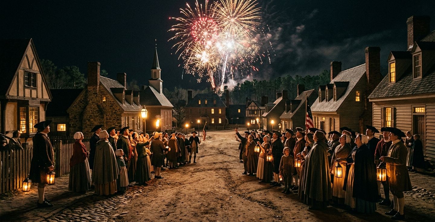 Colonial townspeople looking up at bursts of fireworks in a night sky over a historic dirt street