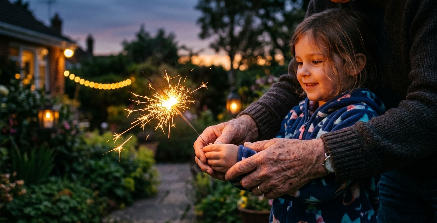 An older persons hands gently guiding a young child who is holding a glowing sparkler at dusk