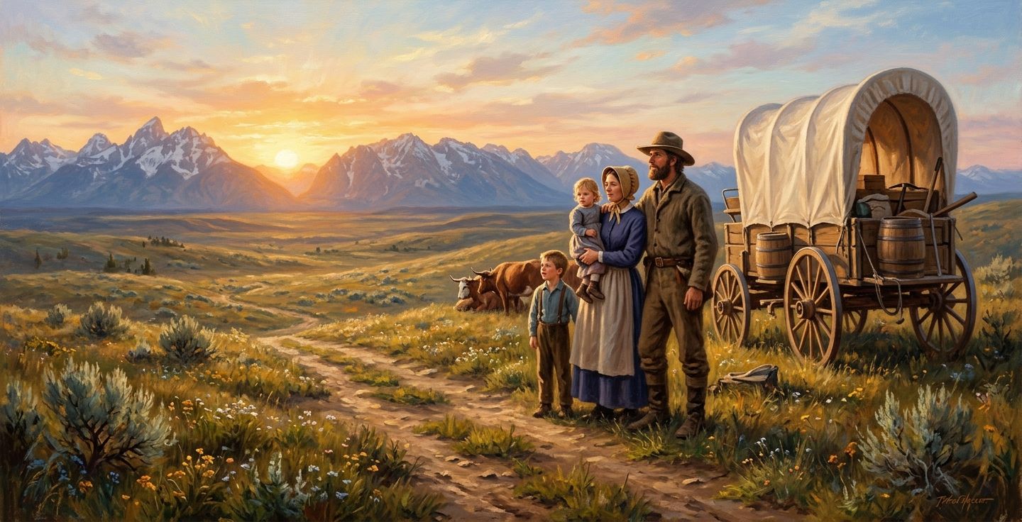 A warm historical painting style illustration of a small 1840s pioneer family standing near a wooden wagon at sunrise looking hopeful toward the distant western mountains