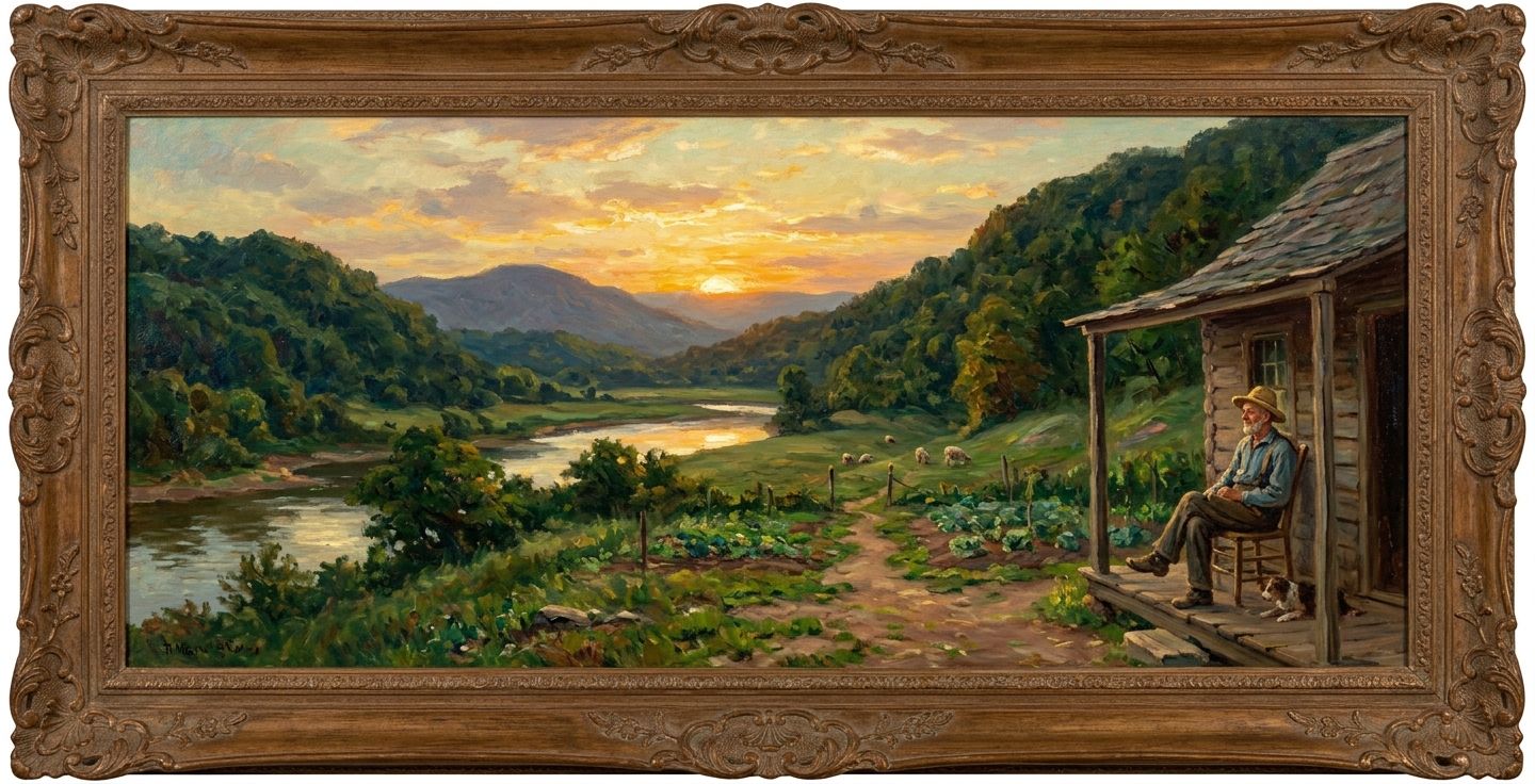 A beautiful landscape painting of a lush green valley at sunset with a small rustic wooden cabin and an older farmer resting on the porch