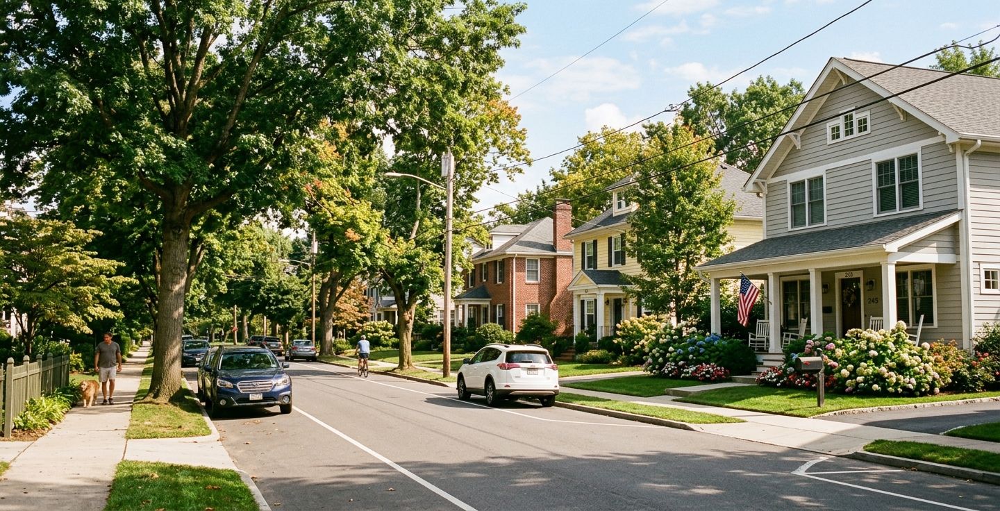 A warm sunny afternoon on a typical American suburban street with large trees and a mix of classic homes