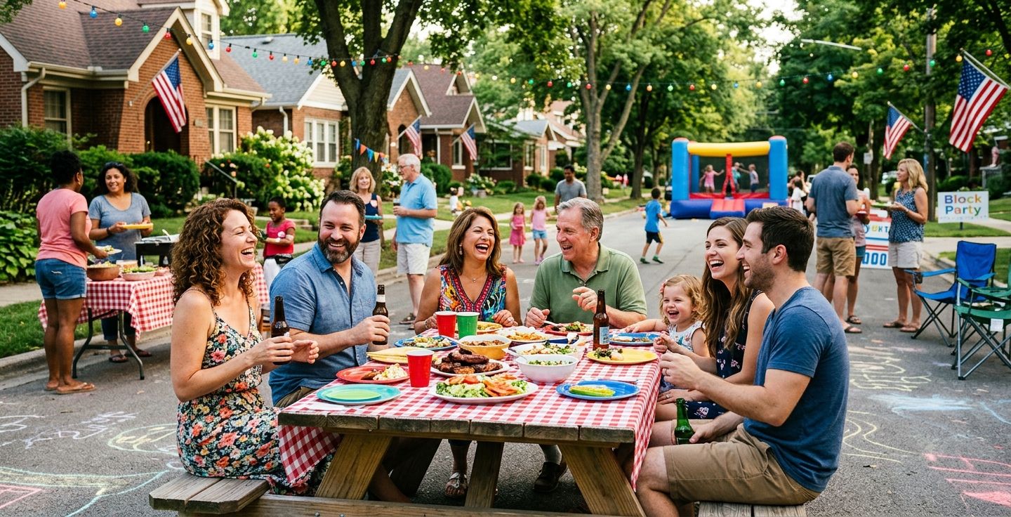 A cheerful block party in an American neighborhood with neighbors talking and laughing around a picnic table