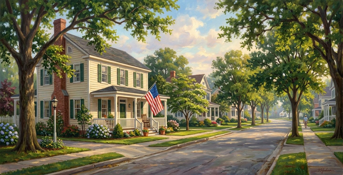 A warm and nostalgic painting of a quiet American neighborhood street with large oak trees where an American flag is gently flying from the front porch of a classic wooden home in the morning light
