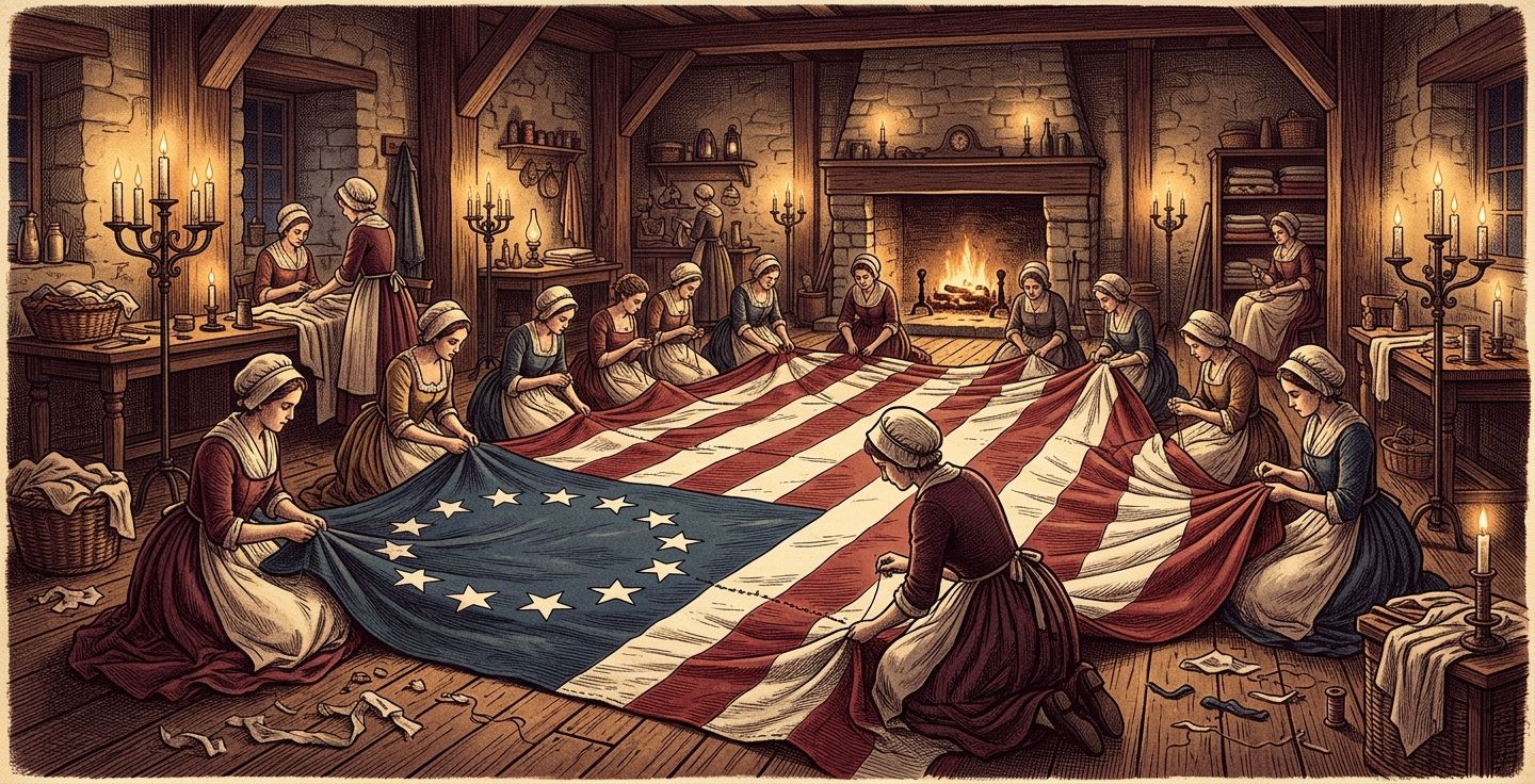 A vintage style illustration of a historical scene showing women sewing a massive flag on the floor of a large room illuminated by warm candlelight