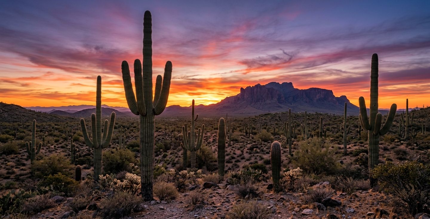 A wide landscape view of the Sonoran Desert at sunset featuring towering green saguaro cacti and distant mountains under a colorful orange and purple sky