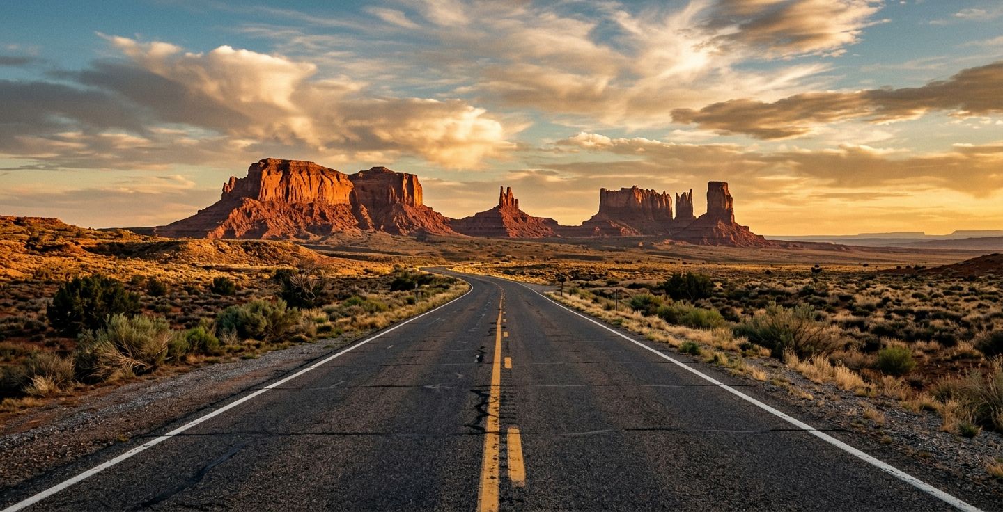 A nostalgic view of an empty paved highway stretching toward red rock mesas in the American Southwest during late afternoon