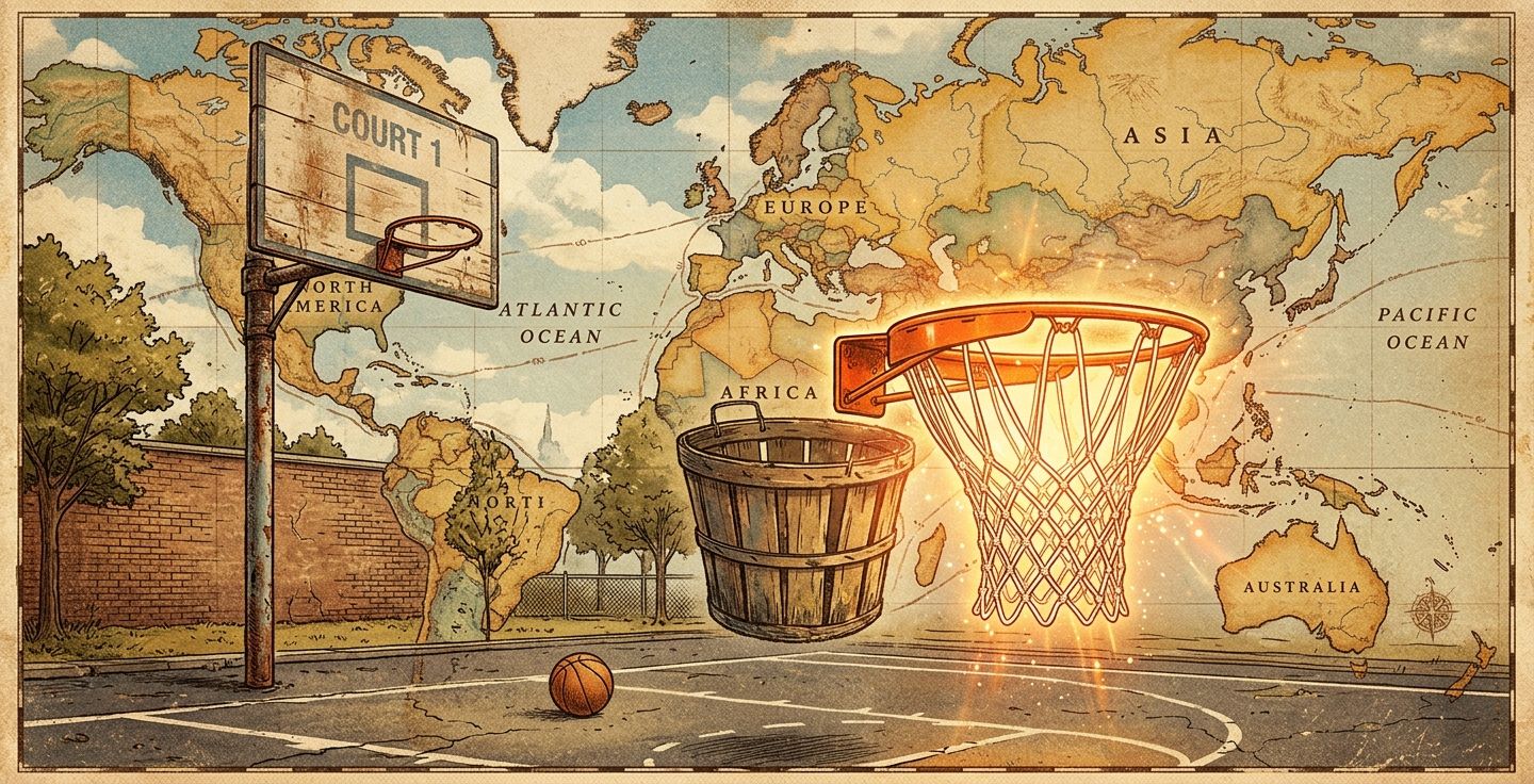 Vintage style illustration of an old outdoor basketball court with a faded peach basket turning into a glowing modern hoop over a map of the world