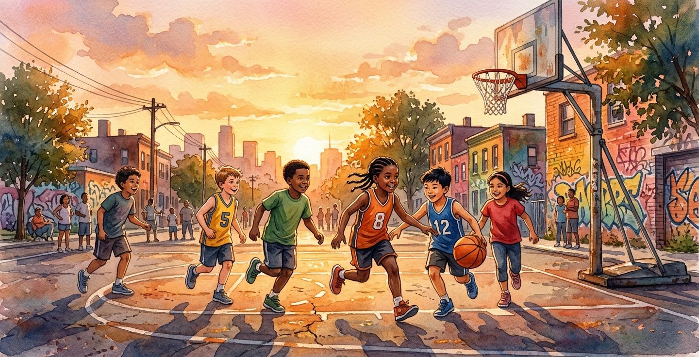 Watercolor painting of a diverse group of kids playing basketball on an outdoor street court bathed in warm golden hour sunset light