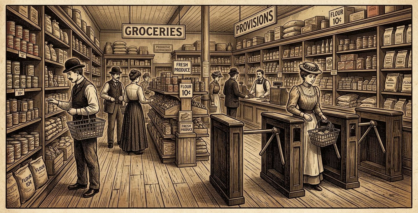 Vintage style illustration of an early 1900s grocery store interior with wooden turnstiles and customers carrying wire baskets