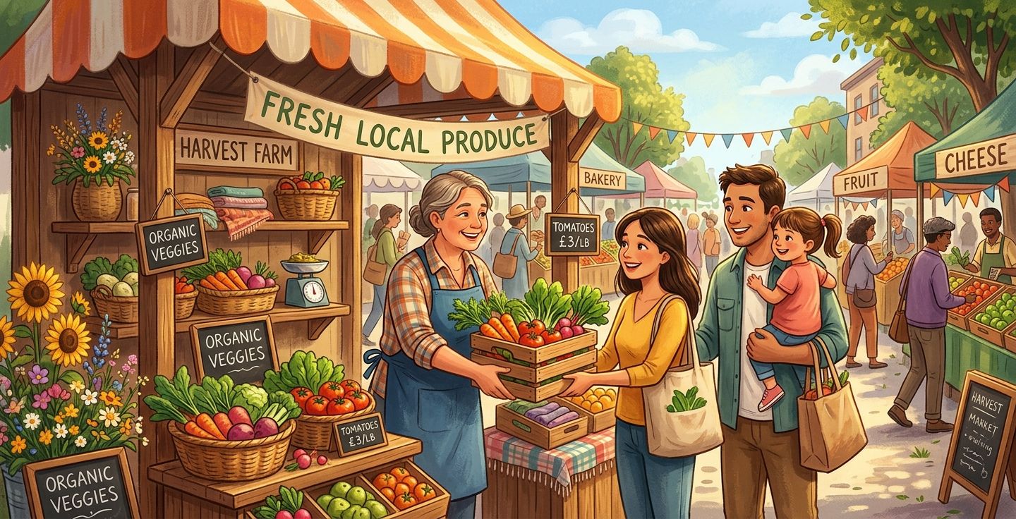 Warm sunlit illustration of a bustling outdoor farmers market with a smiling farmer handing fresh vegetables to a young family