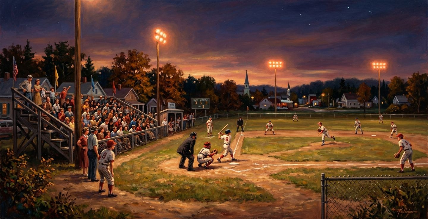 A nostalgic painting of a youth baseball game in a small American town at dusk with warm glowing field lights and wooden bleachers
