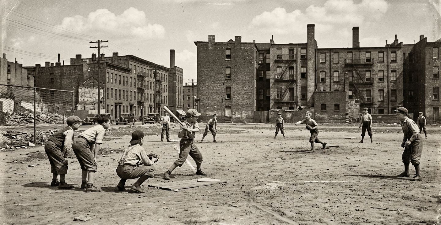 Vintage photograph style image of children playing baseball on a dirt lot in an old American city with brick buildings in the background