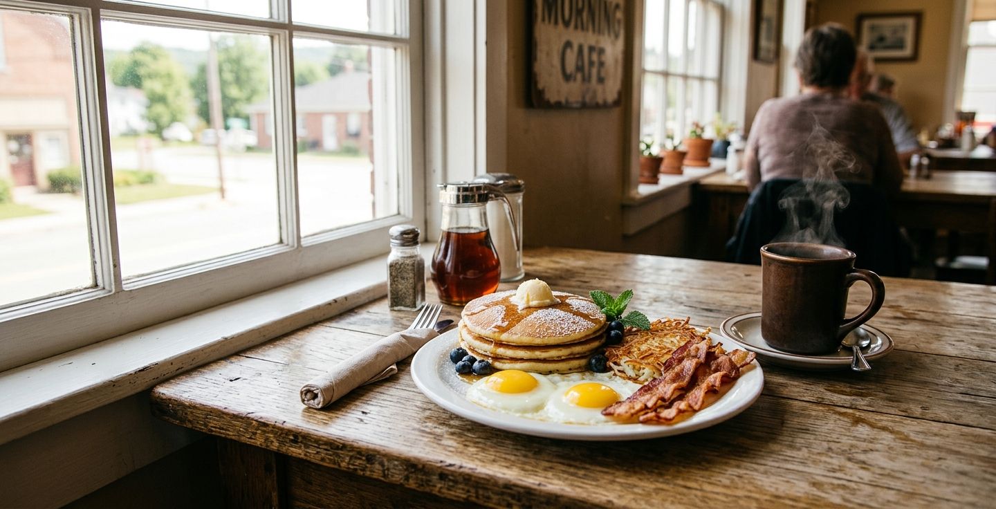 A rustic wooden table featuring a classic American diner breakfast spread with fluffy pancakes sunny side up eggs crispy bacon hash browns and a steaming mug of black coffee soft morning sunlight streaming through a window