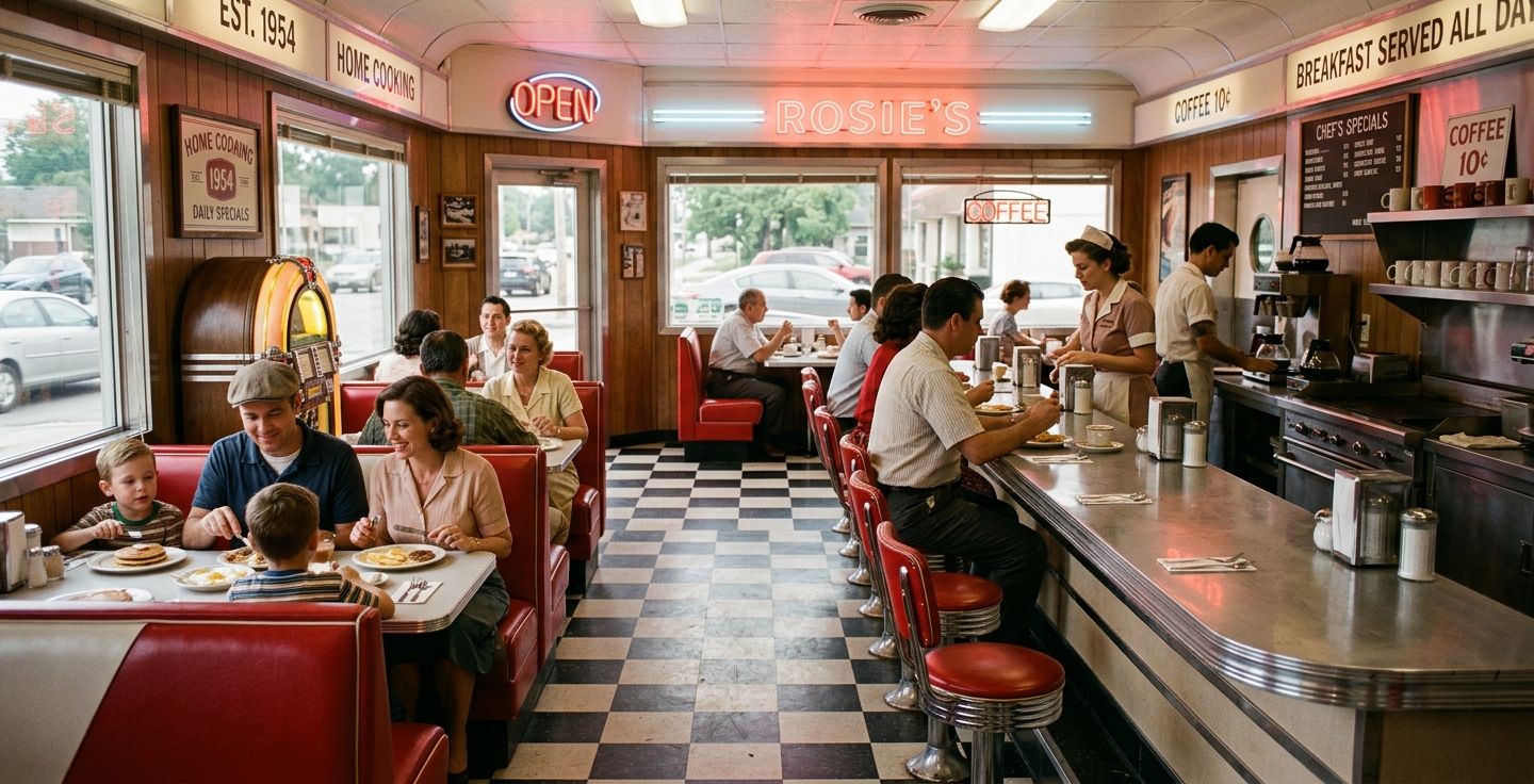 A warm nostalgic interior of a 1950s style diner with red vinyl booths a long chrome counter black and white checkered floor and patrons enjoying breakfast illuminated by soft neon lights