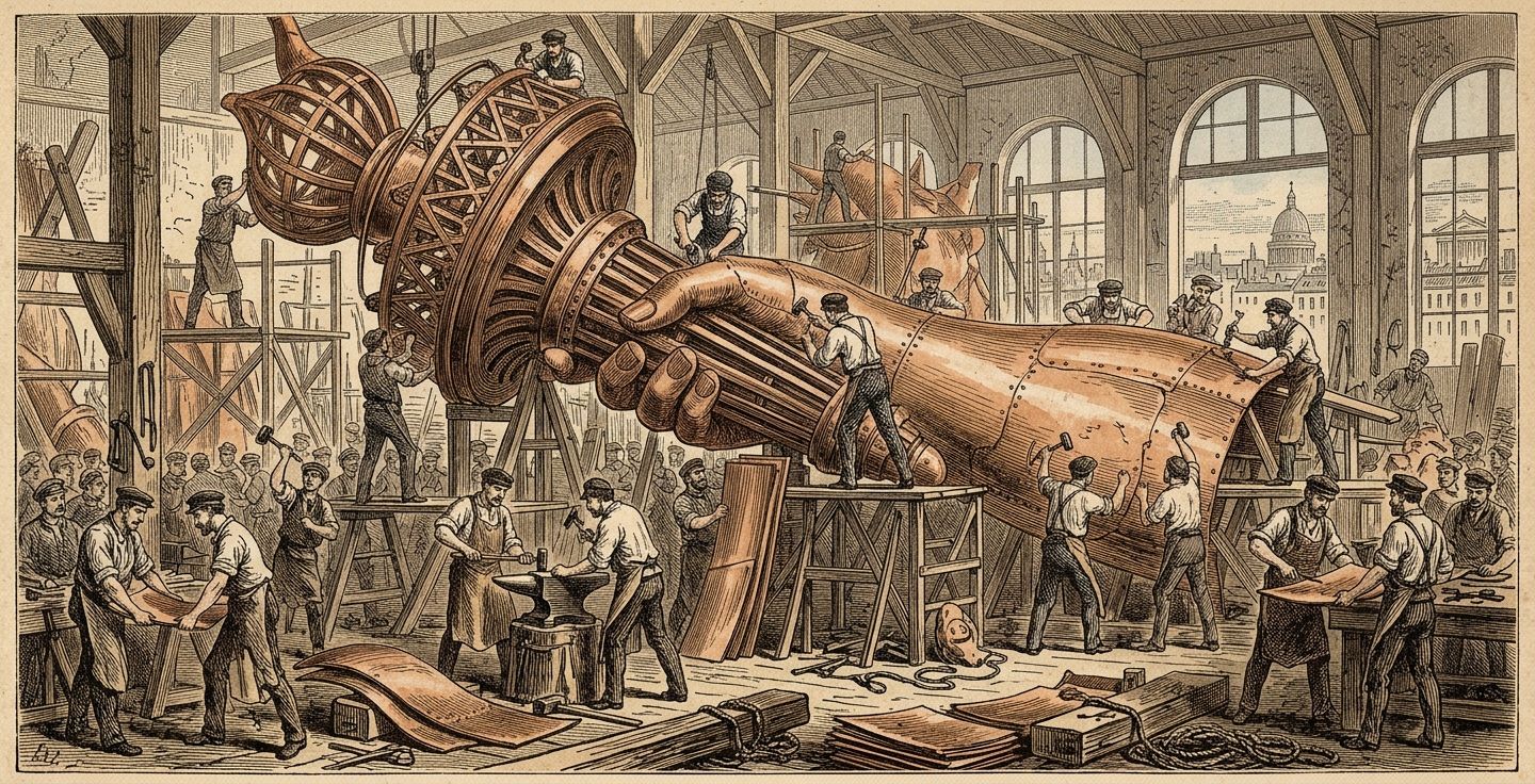 A vintage style illustration of French workers in the 1800s hammering large copper sheets over huge wooden molds to build the Statue of Liberty