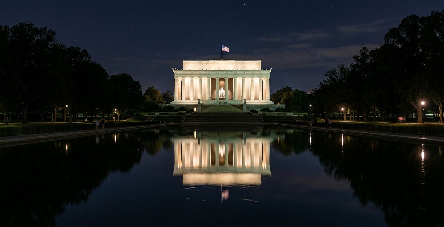 A peaceful night time view of the Lincoln Memorial glowing white against the dark sky reflected perfectly in the long dark water pool in front of it