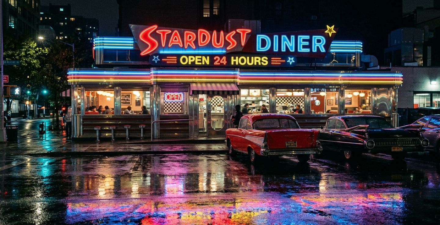 A retro American diner exterior at night illuminated by bright neon signs reflecting on the wet pavement with classic vintage cars parked in front