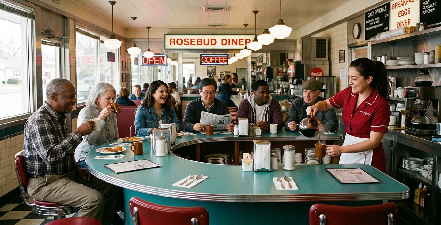 Inside a classic diner showing a diverse group of people sitting at a long curved formica counter with a waitress pouring hot coffee from a glass pot