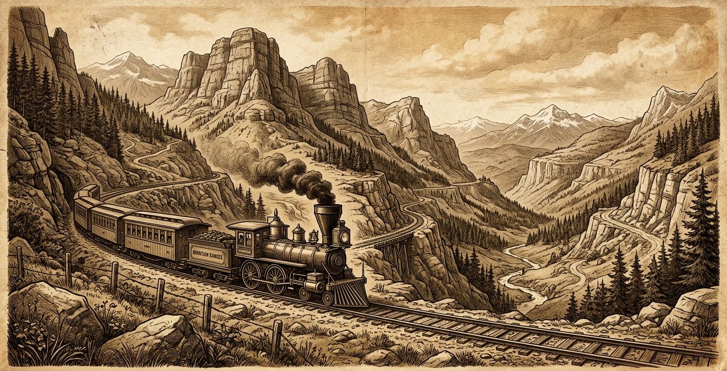 A vintage style illustration of an early nineteenth century steam train traveling through a rugged mountain landscape with a sepia tone and a warm nostalgic atmosphere