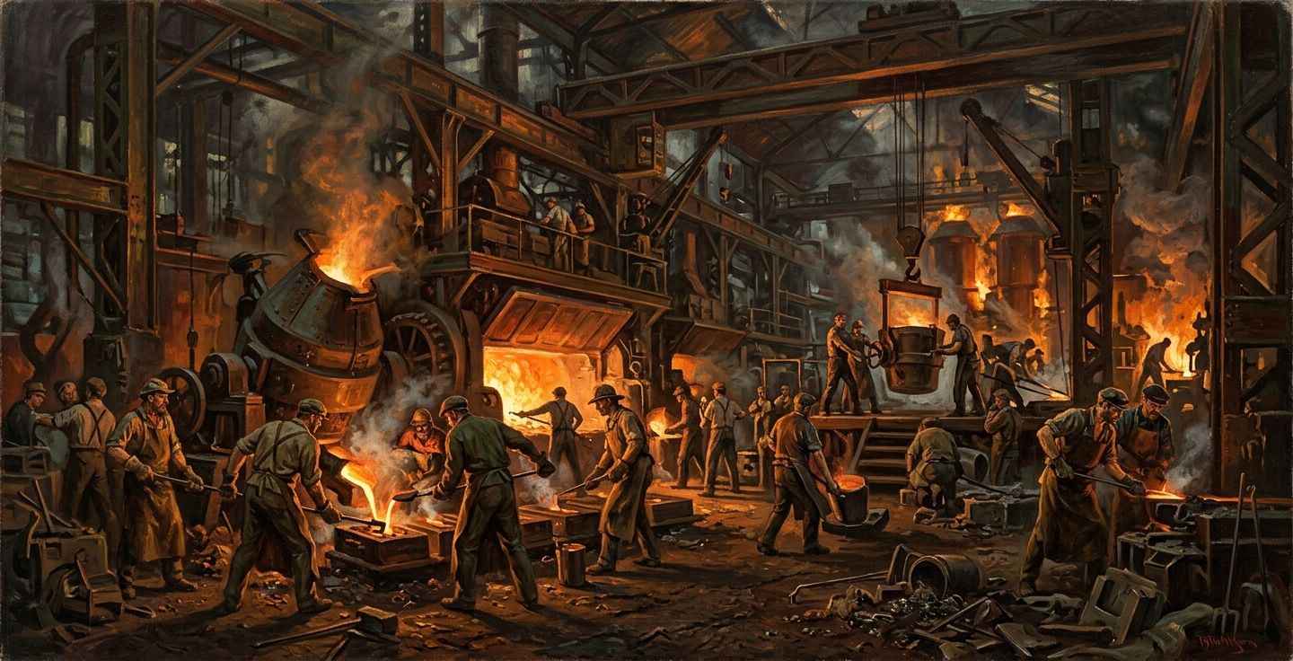 A historical painting style image of a bustling nineteenth century steel mill interior with glowing orange furnaces and workers conveying a sense of industry and progress