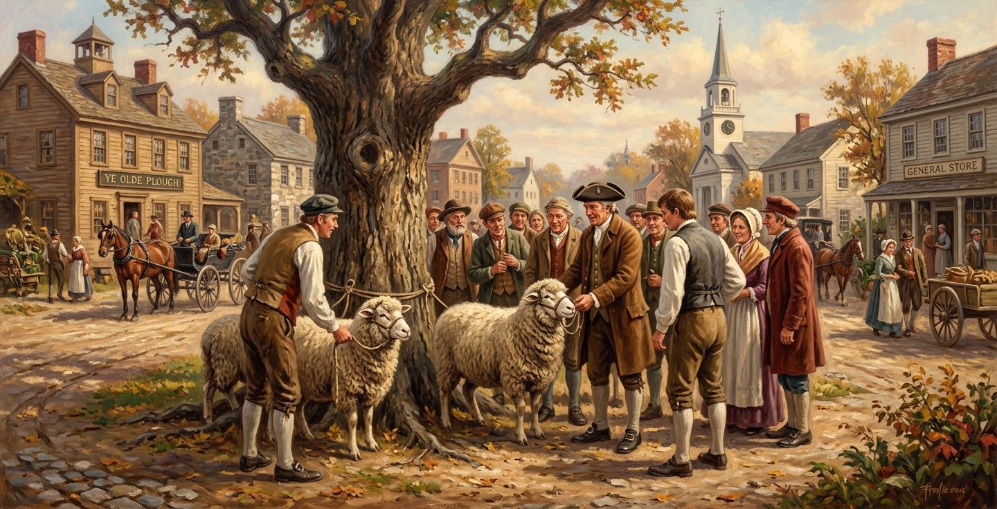 A warm nostalgic scene of an early American town square with two sheep tied to a large tree as eager farmers gather around to admire them