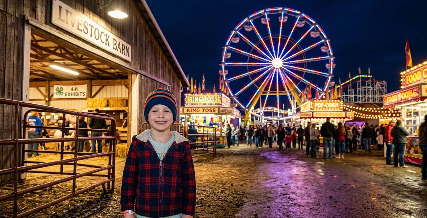 A bright colorful county fair at night featuring a large glowing ferris wheel in the background and a young boy smiling near a livestock barn in the foreground