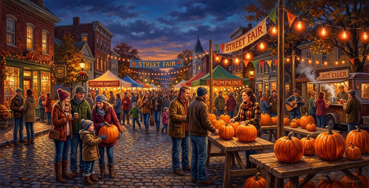 A nostalgic painting of a bustling small town street fair at dusk with people gathering around wooden tables full of large orange pumpkins illuminated by warm string lights