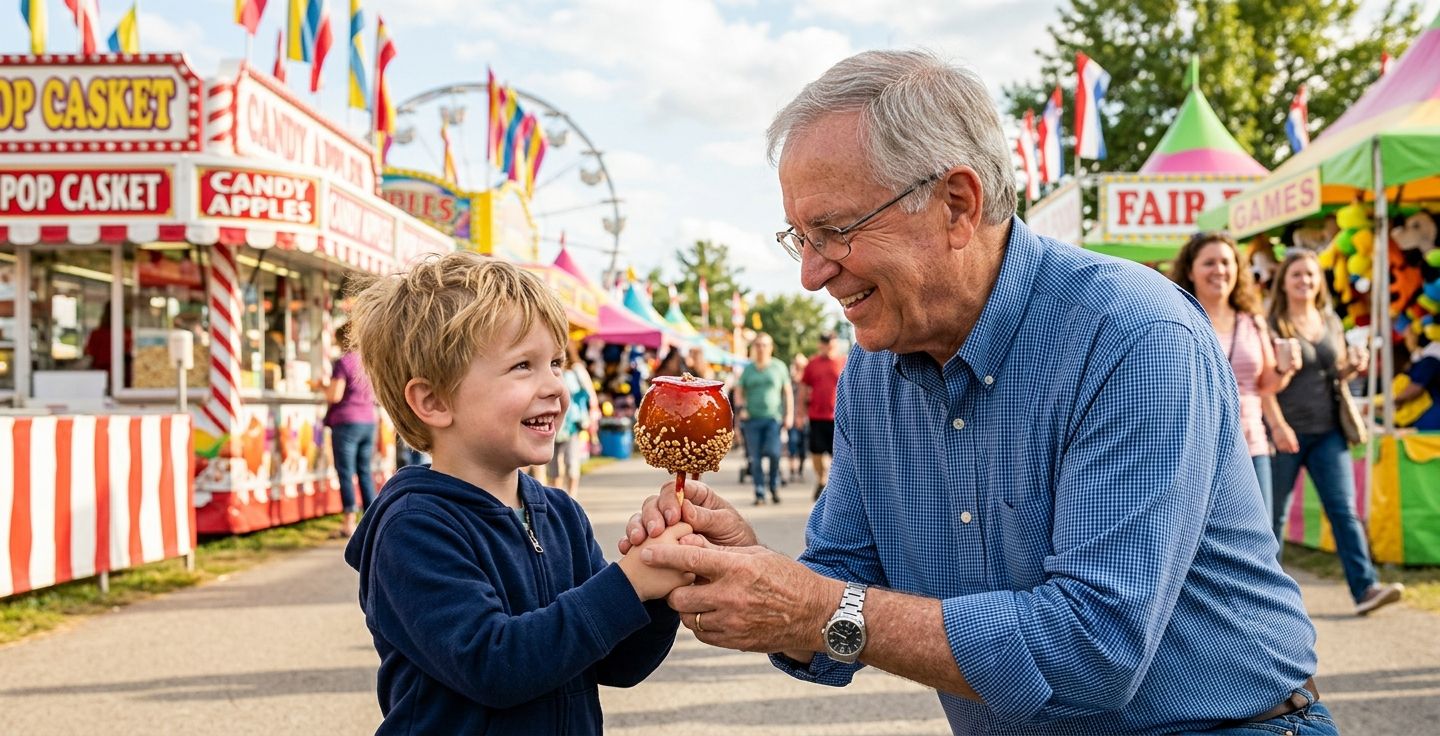 A heartwarming scene of a smiling older man showing a young boy how to hold a candy apple at a sunny outdoor county fair with colorful tents in the background