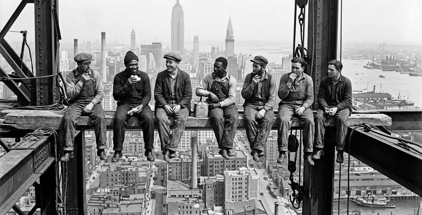 Black and white historical photograph showing a diverse group of construction workers taking a break on a wooden plank high above a growing early 1900s city skyline