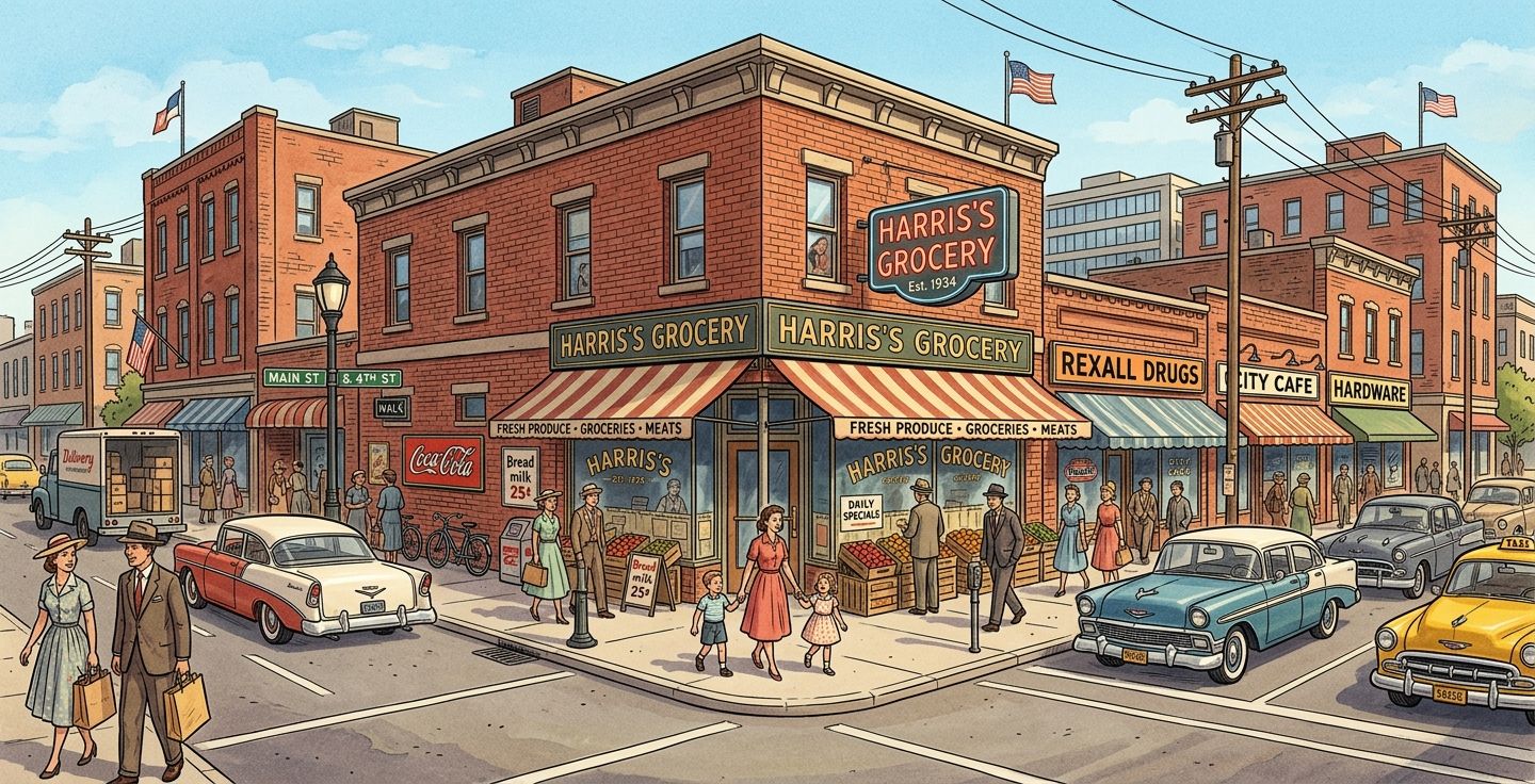 A nostalgic illustration of a busy 1950s city street corner with a small family grocery store brick storefronts and people walking on the sidewalk
