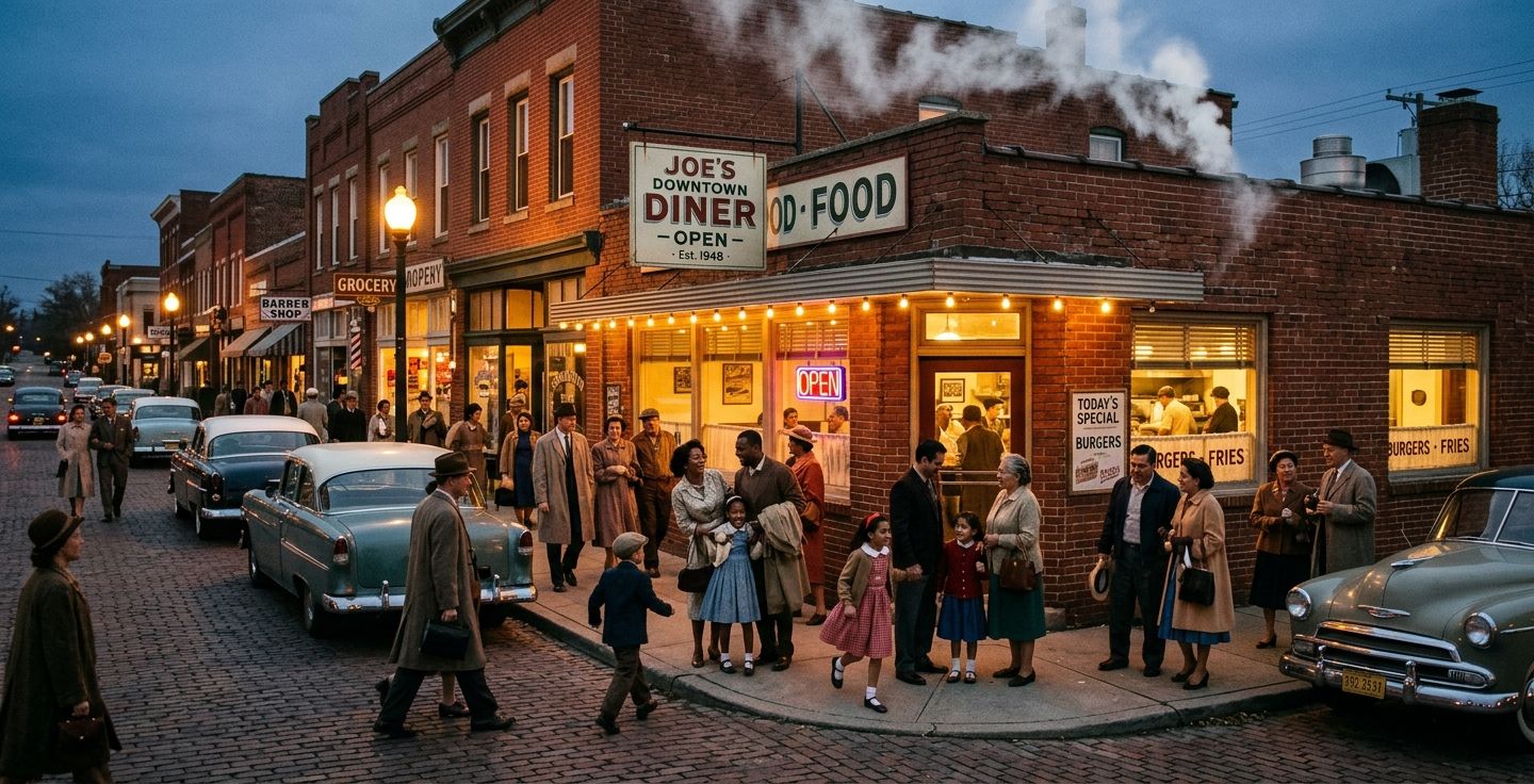 A warm bustling 1950s street scene showing families of different backgrounds gathering outside a small brick restaurant with steam rising from the kitchen