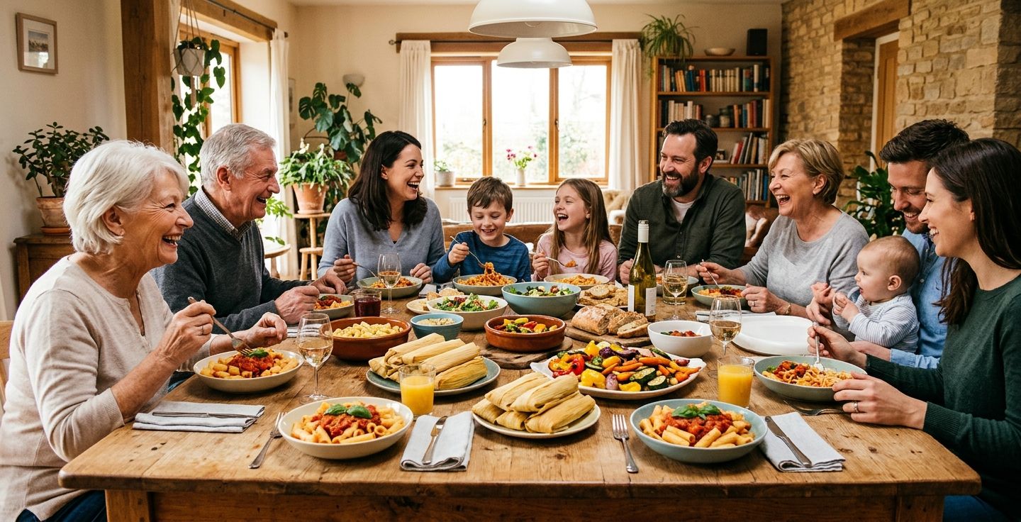 A long rustic wooden dining table filled with a colorful mix of foods like pasta tamales and roasted vegetables with multiple generations of a family laughing together