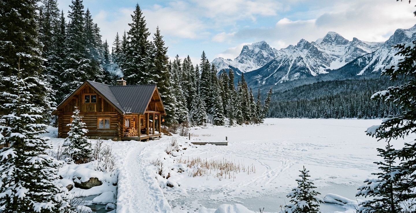 A rustic log cabin nestled in a snowy forest next to a frozen lake with tall mountains in the background