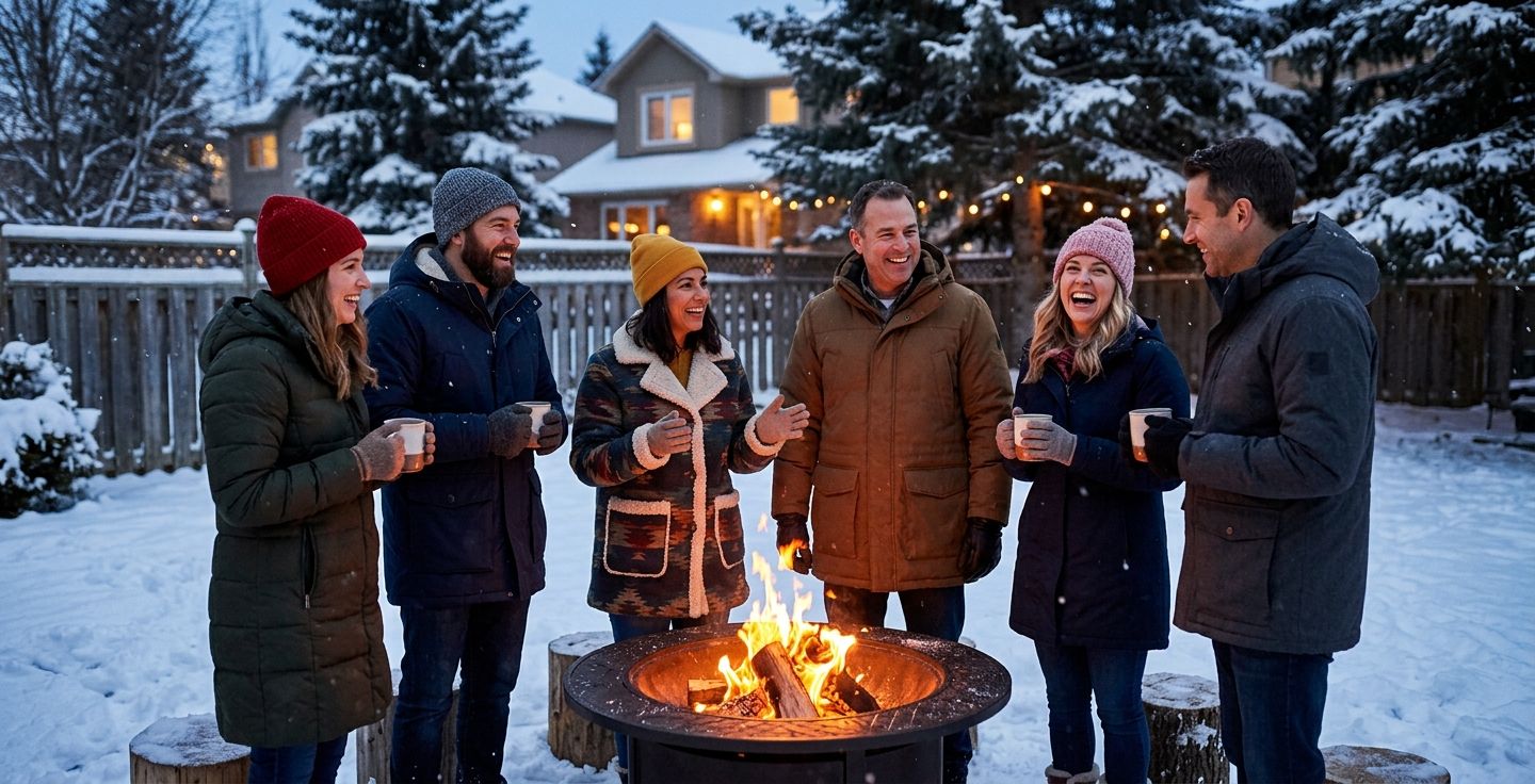 A group of smiling neighbors gathered around a glowing outdoor fire pit in a snowy winter setting wearing heavy warm coats
