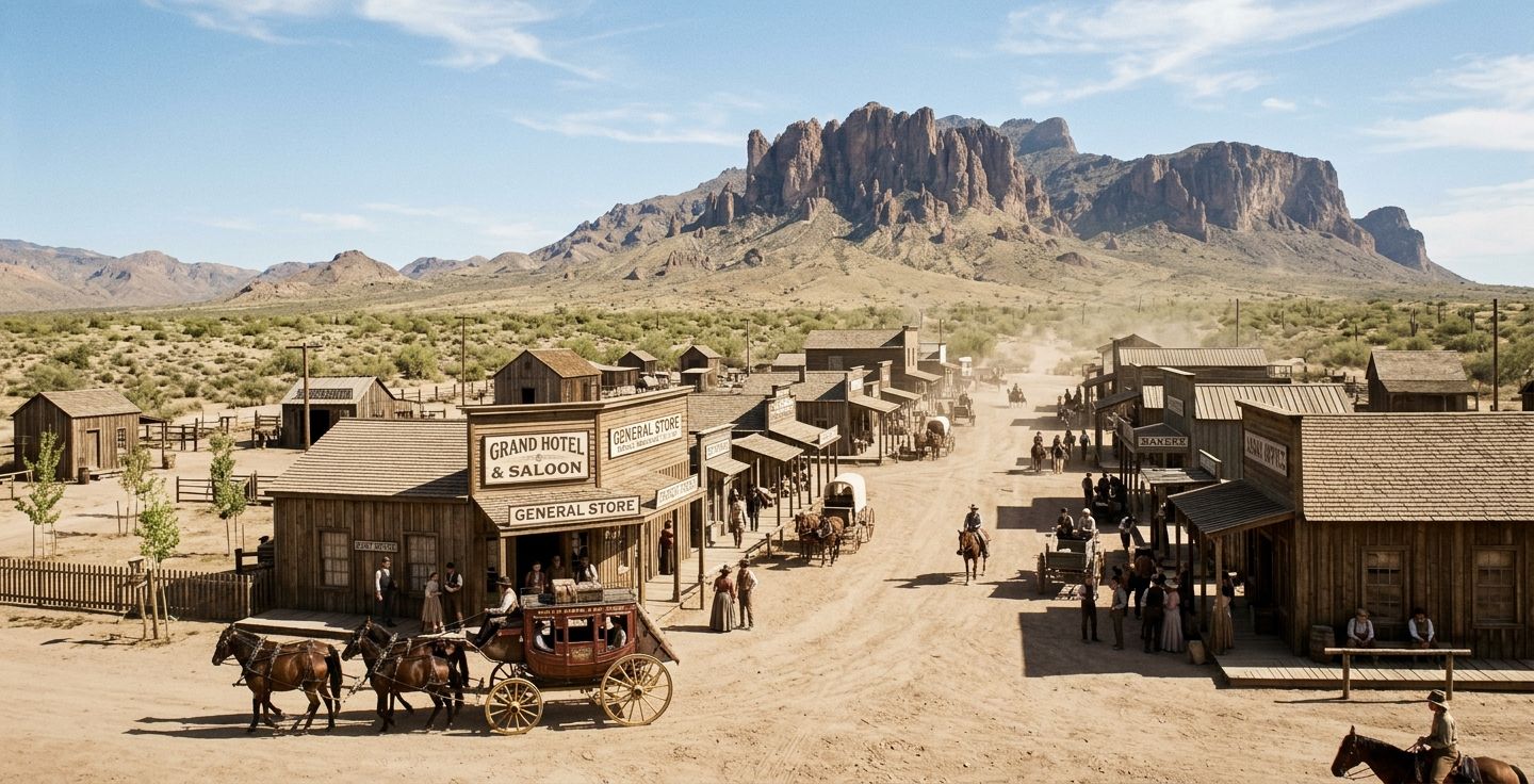 A beautiful historical view of a desert stagecoach town turning into a vibrant community with simple wooden buildings mountain backgrounds and bright sunshine.