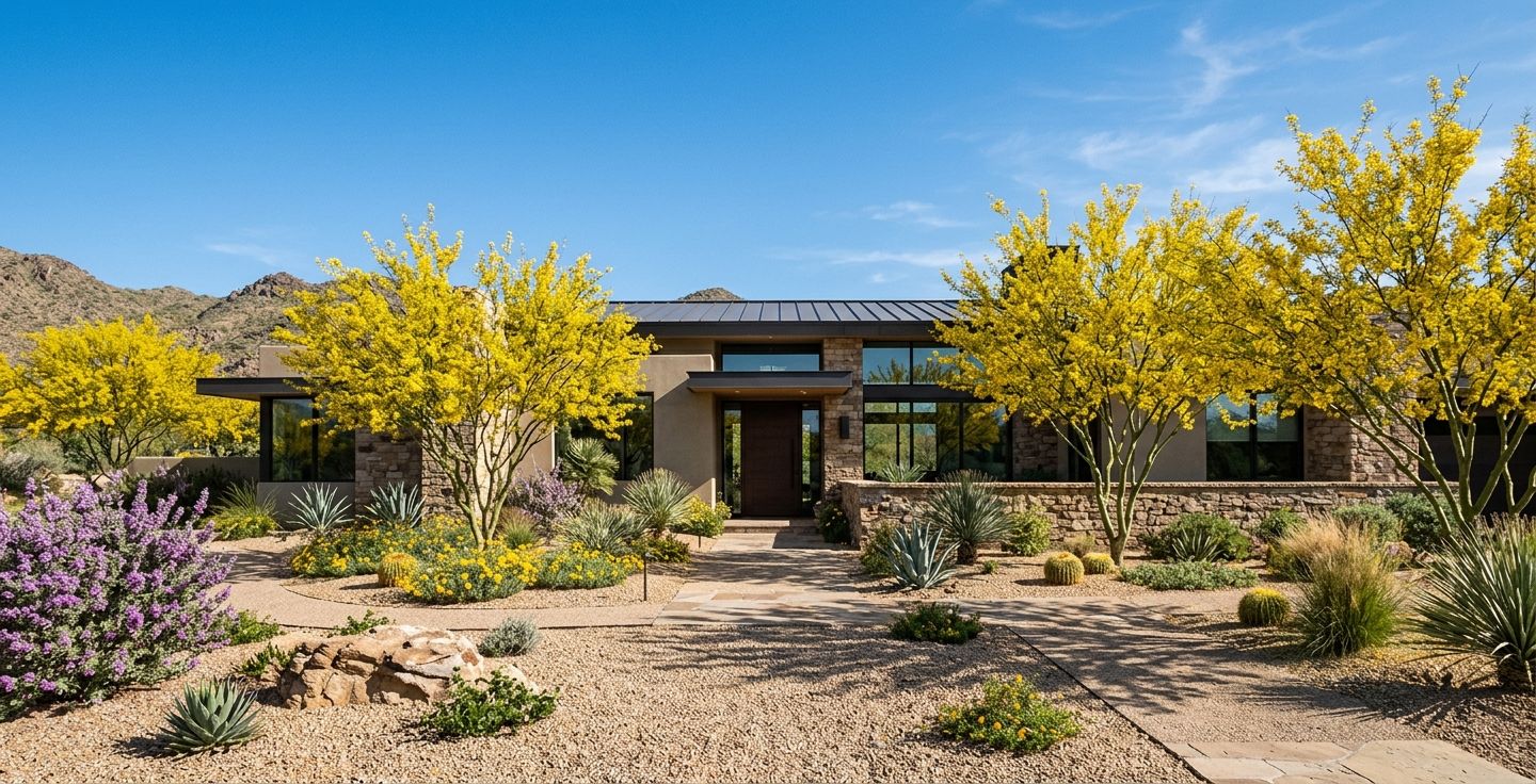 A modern desert home front yard featuring gravel landscaping drought tolerant plants blooming yellow palo verde trees and a clear blue sky.