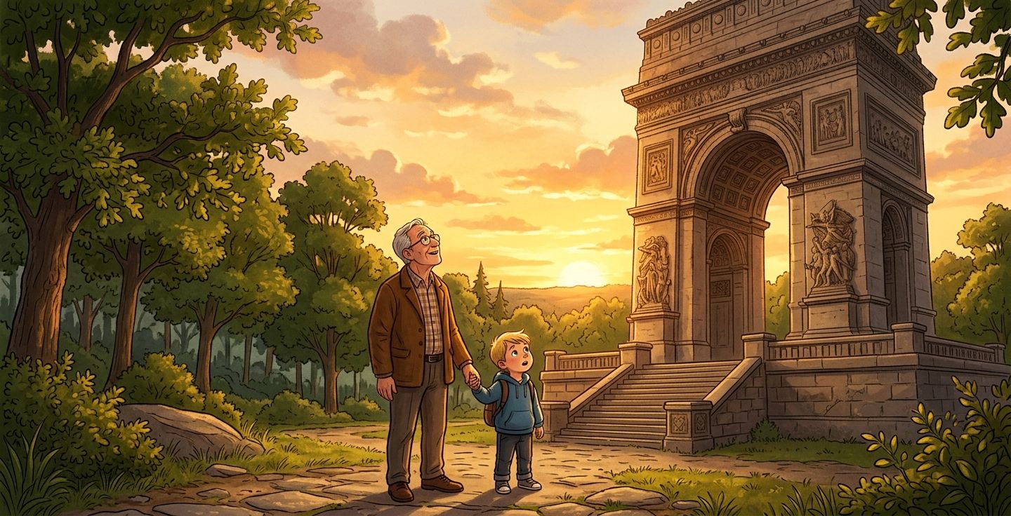A warm golden hour illustration of an older man and his young grandchild standing before a majestic stone monument looking up in awe with lush green trees in the background