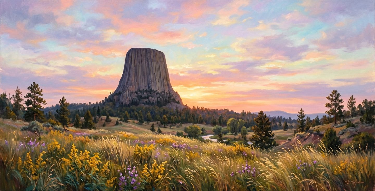 A beautiful landscape painting of Devils Tower in Wyoming at sunset with soft pastel colors in the sky and tall prairie grass in the foreground
