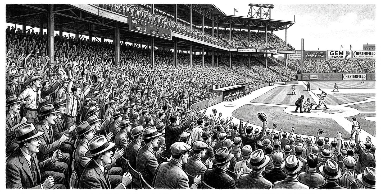 A vintage black and white style illustration showing a crowded old baseball stadium with fans wearing hats and suits cheering for a game under the afternoon sun