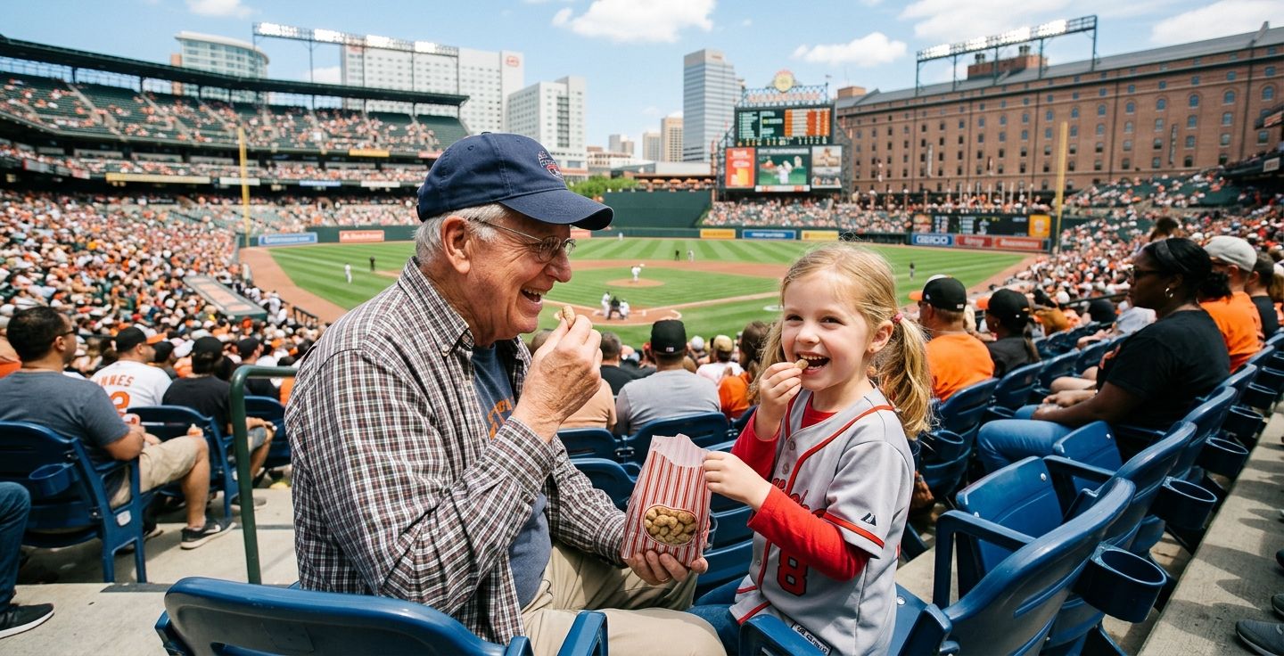 A heartwarming scene of an elderly man and his young granddaughter sitting together in modern stadium seats smiling and eating peanuts while watching a baseball game on a bright sunny day