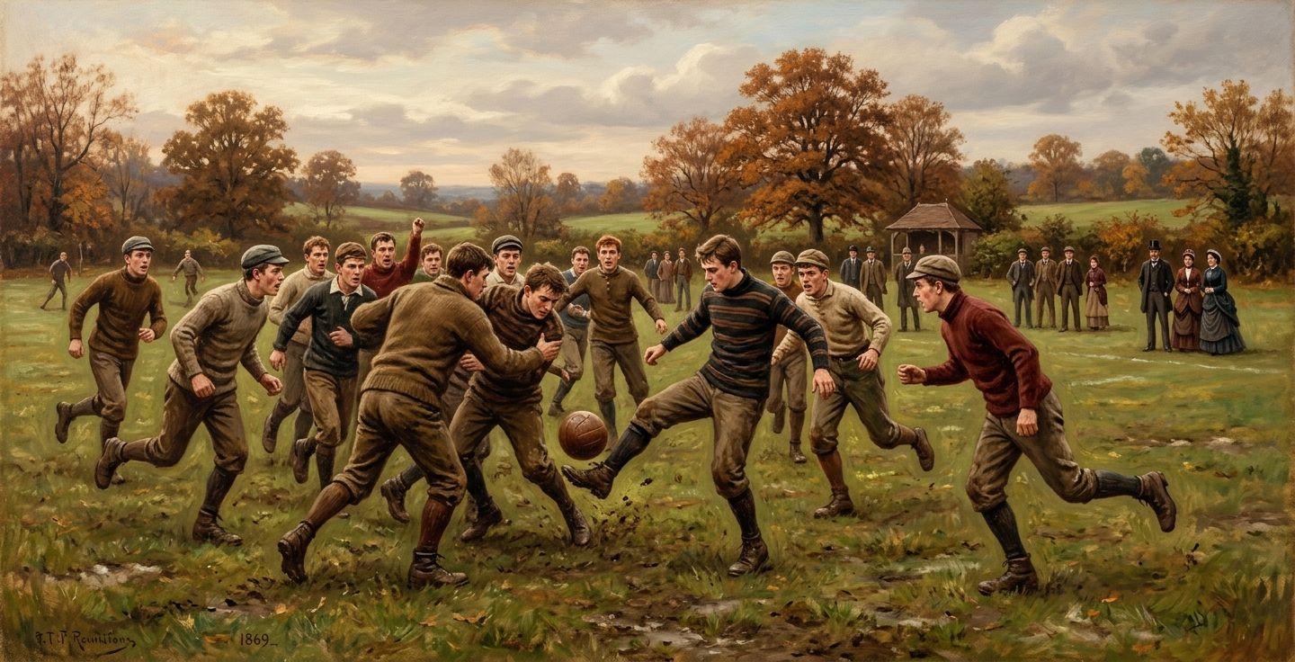 A nostalgic painting of young men in 1869 playing a rough game of early football on a grass field wearing old sweaters and trousers without helmets