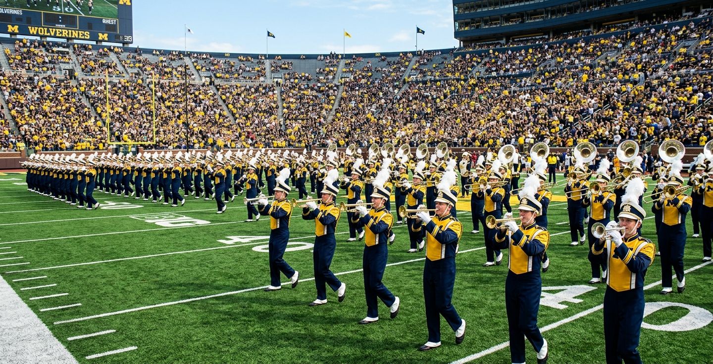 A bright sunny photograph of a large college marching band on a green football field with brass instruments shining in the afternoon sun