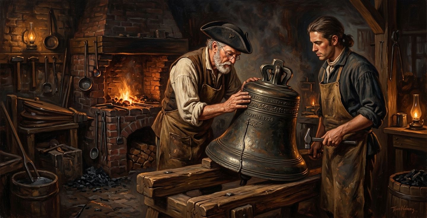 A warm oil painting style image of two 18th century colonial metalworkers in a small dimly lit foundry examining a large bronze bell