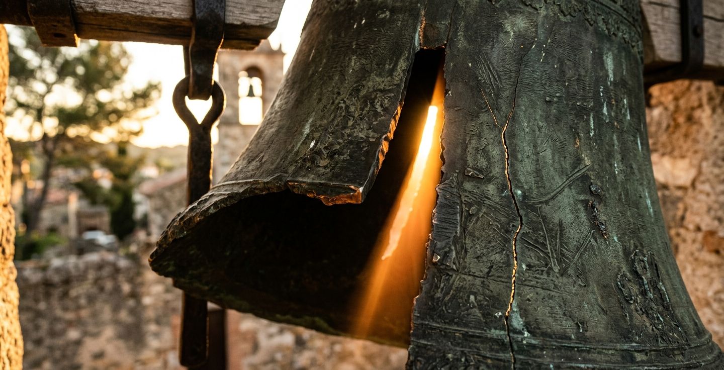 A close up view of a large bronze bell showing a wide vertical gap and a smaller hairline fracture with warm sunlight shining through the opening