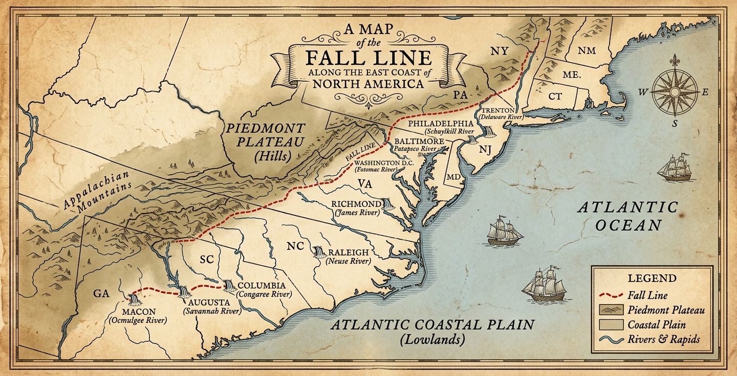 A vintage style map showing the Fall Line along the East Coast of the United States highlighting where rivers drop from hills to the coastal plain