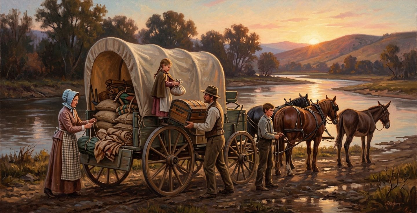 A nostalgic painting of an early American family loading a wooden wagon near a winding river at sunrise preparing to travel west